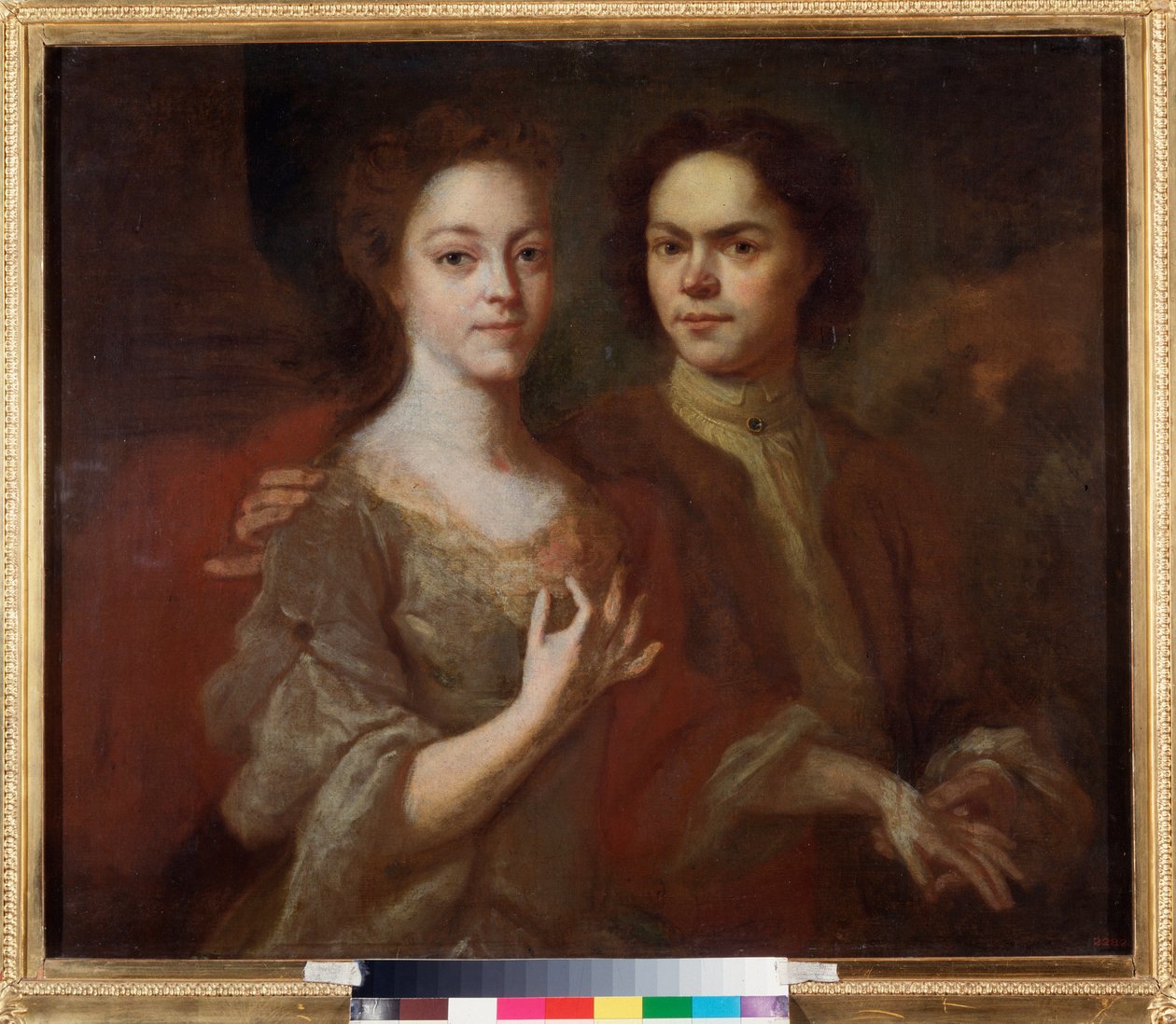 Självporträtt med sin fru (Self Portrait with the Wife) - Målning av Andrei Matveyevich Matveyev (Matveiev) (1701-1739), olja på duk, cirka 1729 - Rysk konst, 1700-talsporträtt - Ryska statens museum, Sankt Petersburg av Andrei Matveyev