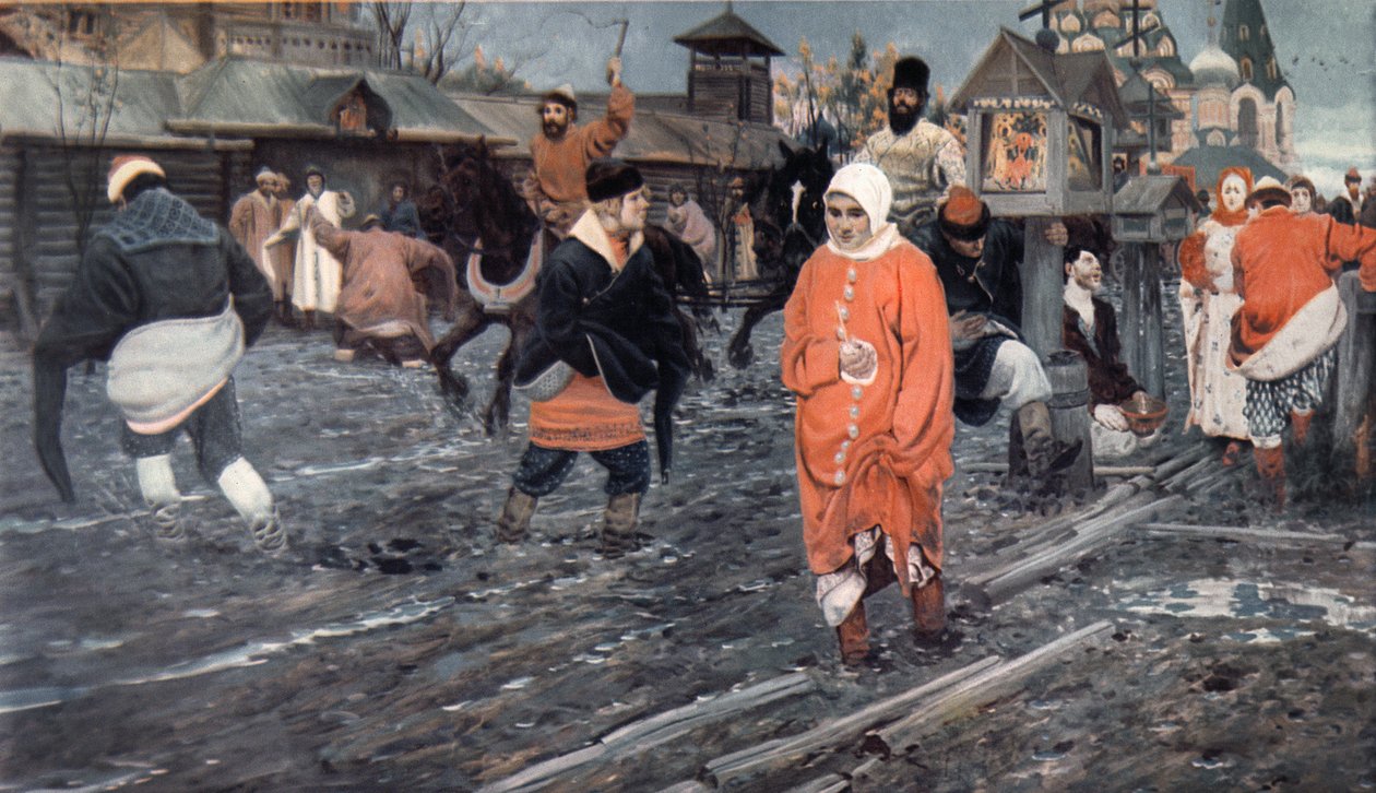 En gata i Moskva under en helgdag på 1600-talet, 1895 av Andrei Petrovich Ryabushkin