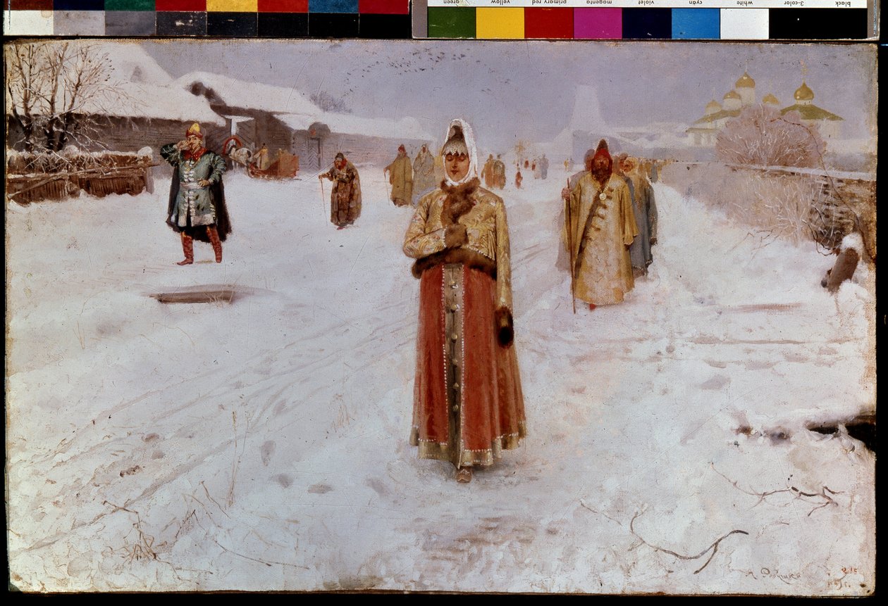 söndag (söndag). På vintern, på en snöig väg i Storhertigdömet Moskva, under de oroliga tiderna (1500-1600-talet) i det gamla Ryssland, kommer Boyars (bräder, galtar), män och kvinnor, i traditionella dräkter, tillbaka från kyrkan. Andres målning av Andrei Petrovich Ryabushkin