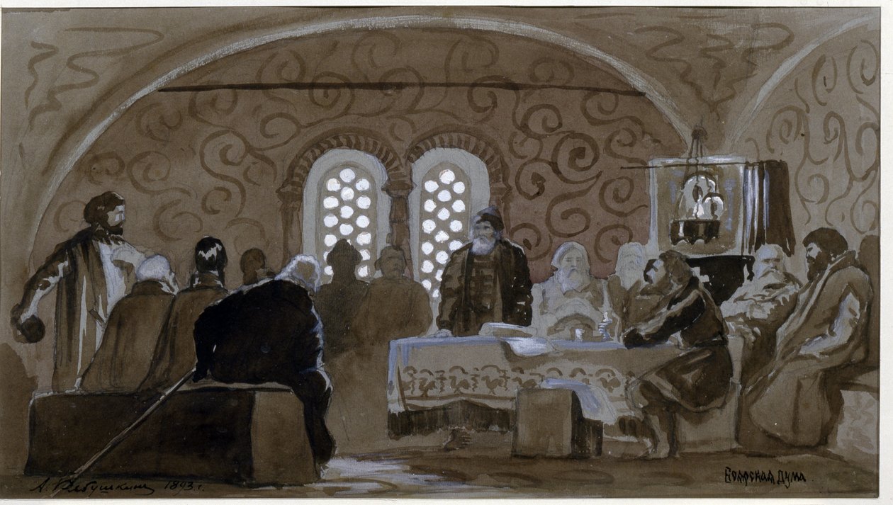 Duman vid Boyars tid (boiards, boiars) (The Boyar Duma). Rådgivande rådet för prinsarna av Kievan Rus (Ruthenia) vid tiden för tsar Michael I av Ryssland (1596-1645). Verk av Andrei Petrovich Ryabushkin (Riaboutchkine) (1861-1904), aquare av Andrei Petrovich Ryabushkin