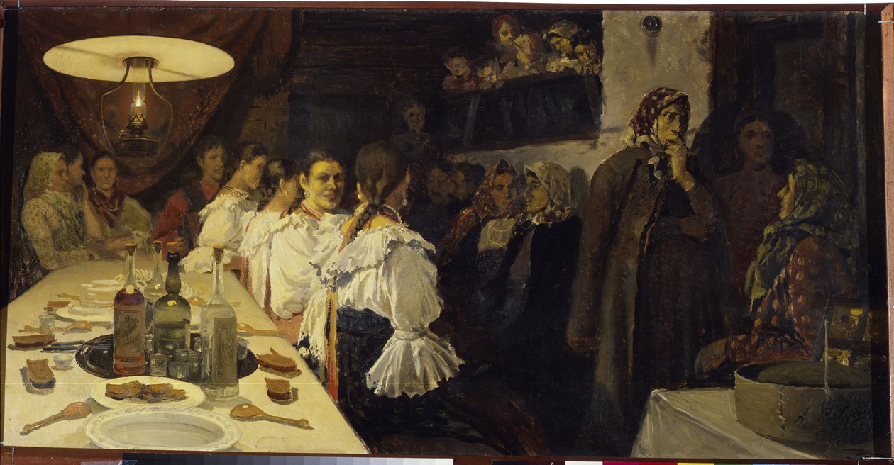 Väntar på brudparets återkomst från en kyrka i Novgorod-provinsen. Målning av Andrei Petrovich Ryabushkin (Riabutchkin) (1861-1904), olja på duk av Andrei Petrovich Ryabushkin