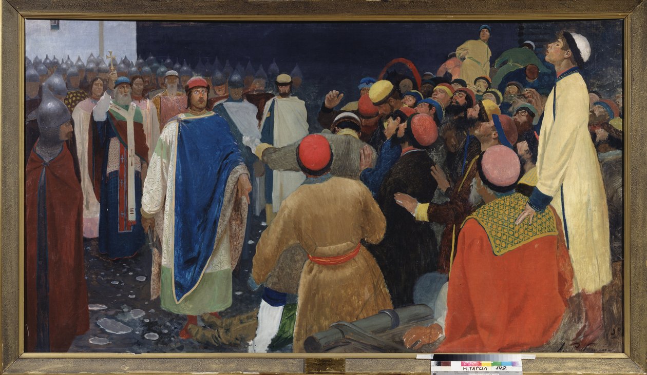 Prins Gleb Sviatoslavitch (död 1079) dödar en volkhve (slavisk spådomsmagiker) vid en veche i Novgorod. Målning av Andrei Petrovich Ryabushkin (Riabutchkin) (1861-1904), olja på duk av Andrei Petrovich Ryabushkin
