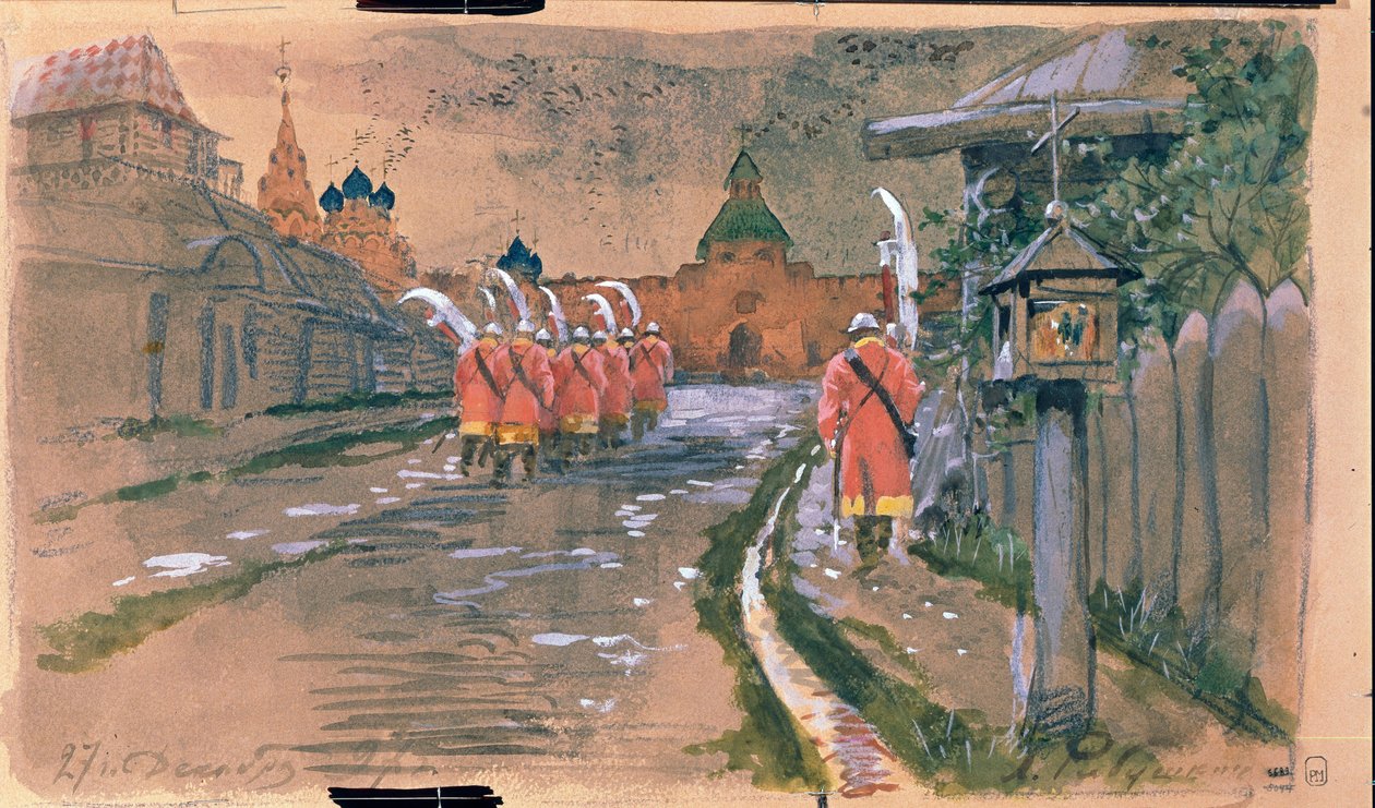 Gatupatrull vid Ilyinsky-porten i Gamla Moskva. Verk av Andrei Petrovich Ryabushkin (Riaboutchkine) (1861-1904), akvarell på papper av Andrei Petrovich Ryabushkin