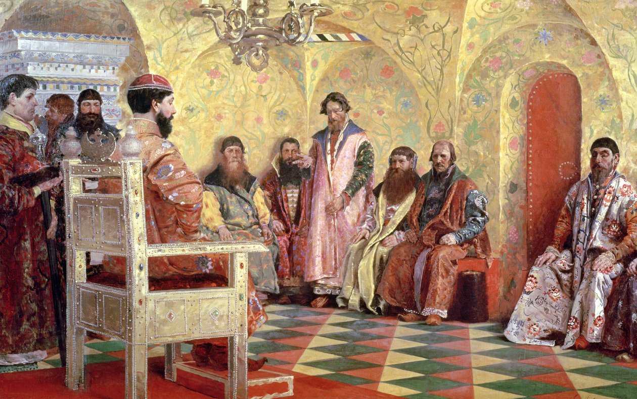 Tsar Mikhail Fyodorovich (1596-1645) med bojarer som sitter i hans rum, 1893 av Andrei Petrovich Ryabushkin