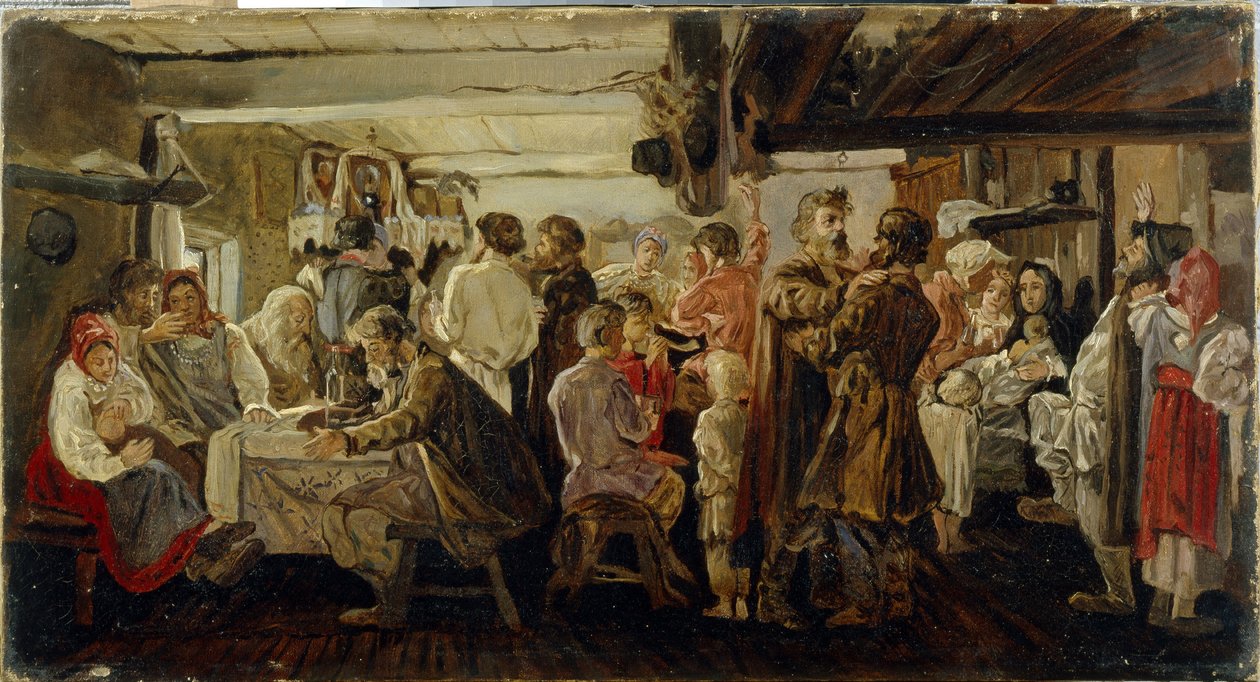 Ett bondbröllop i Tambov-regionen (Ryssland). (Bondbröllop i Tambov-regionen). Målning av Andrei Petrovich Ryabushkin (Riaboutchkine) (1861-1904), olja på duk, cirka 1880. Rysk konst från 1800-talet. Statens Tretjakovgalleri, Moskva. av Andrei Petrovich Ryabushkin