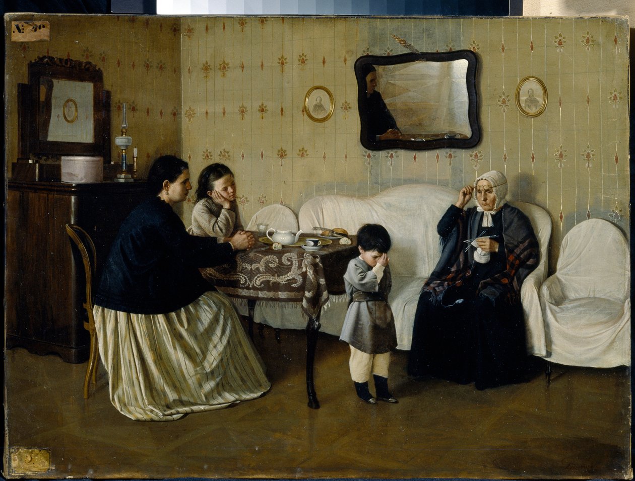 A Family Morning, Teach Child to Pray - Målning av Andrei Antipovich Rumyantsev (?-1907), olja på duk av Andrei Rumyantsev