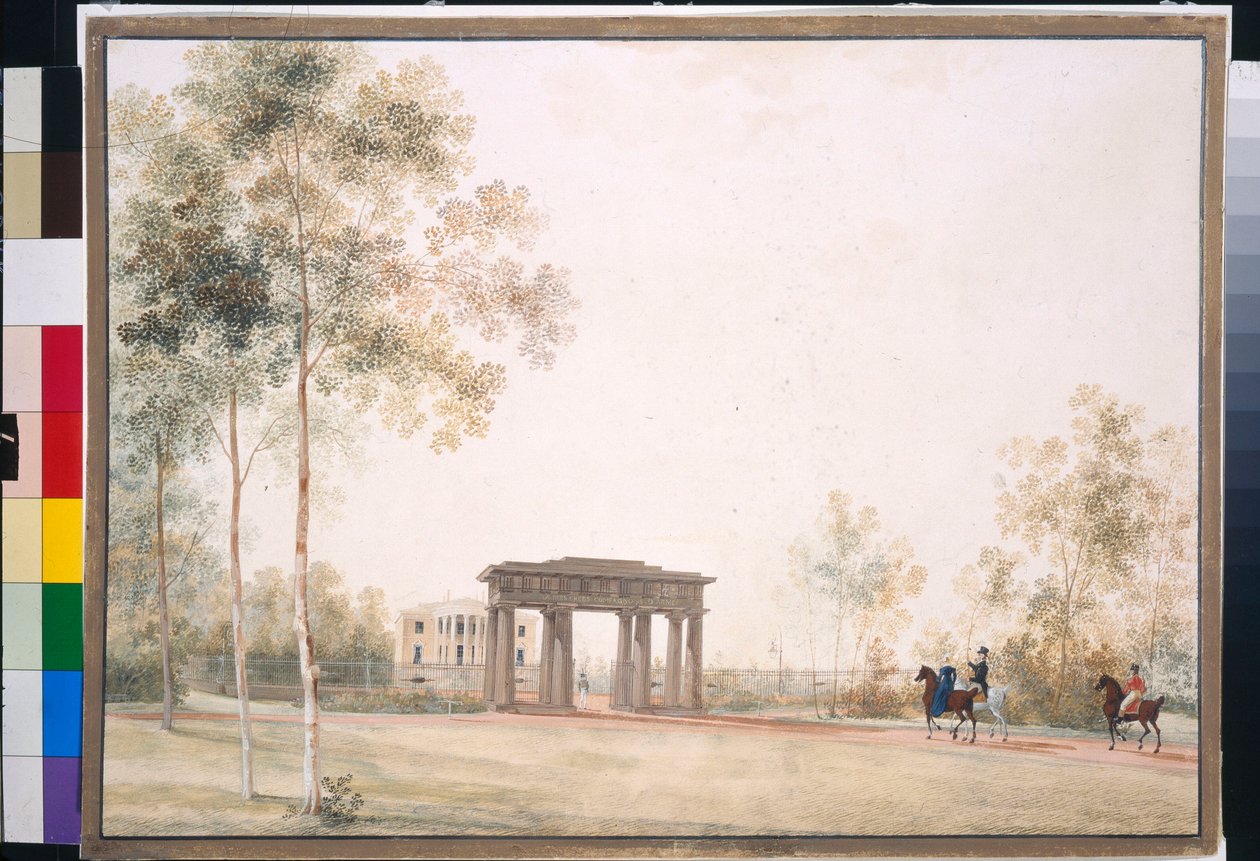 ""Gateway to the Park in Tsarskoye Selo"" av Andrei Yefimovich Martynov (1768-1826), Gouache på papper efter 1821, 38,5x51,5, Tretyakov Gallery, Moskva av Andrei Yefimovich Martynov