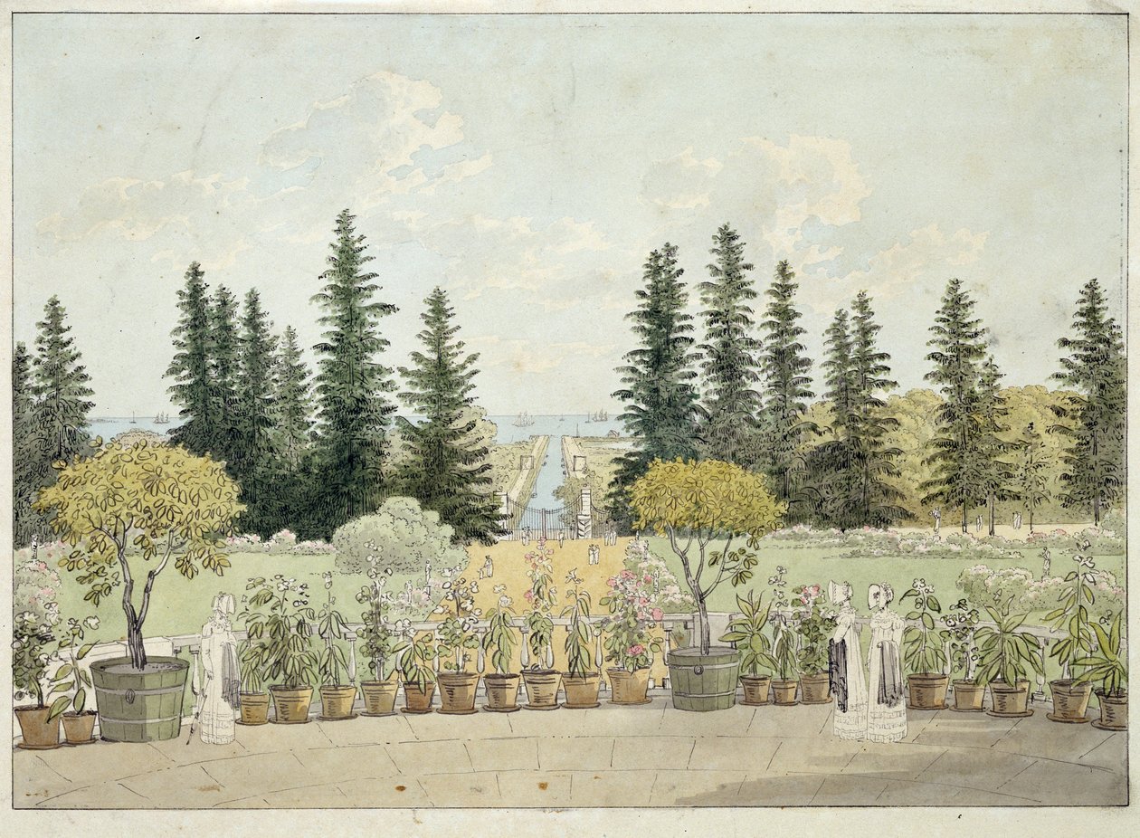 Utsikt från terrassen på Oranienbaum-palatset i Lomonosov, Sankt Petersburgs tätort (Utsikt från terrassen på det stora Oranienbaum-palatset). Verk av Andrei Yefimovich Martynov (1768-1826), akvarell på papper av Andrei Yefimovich Martynov