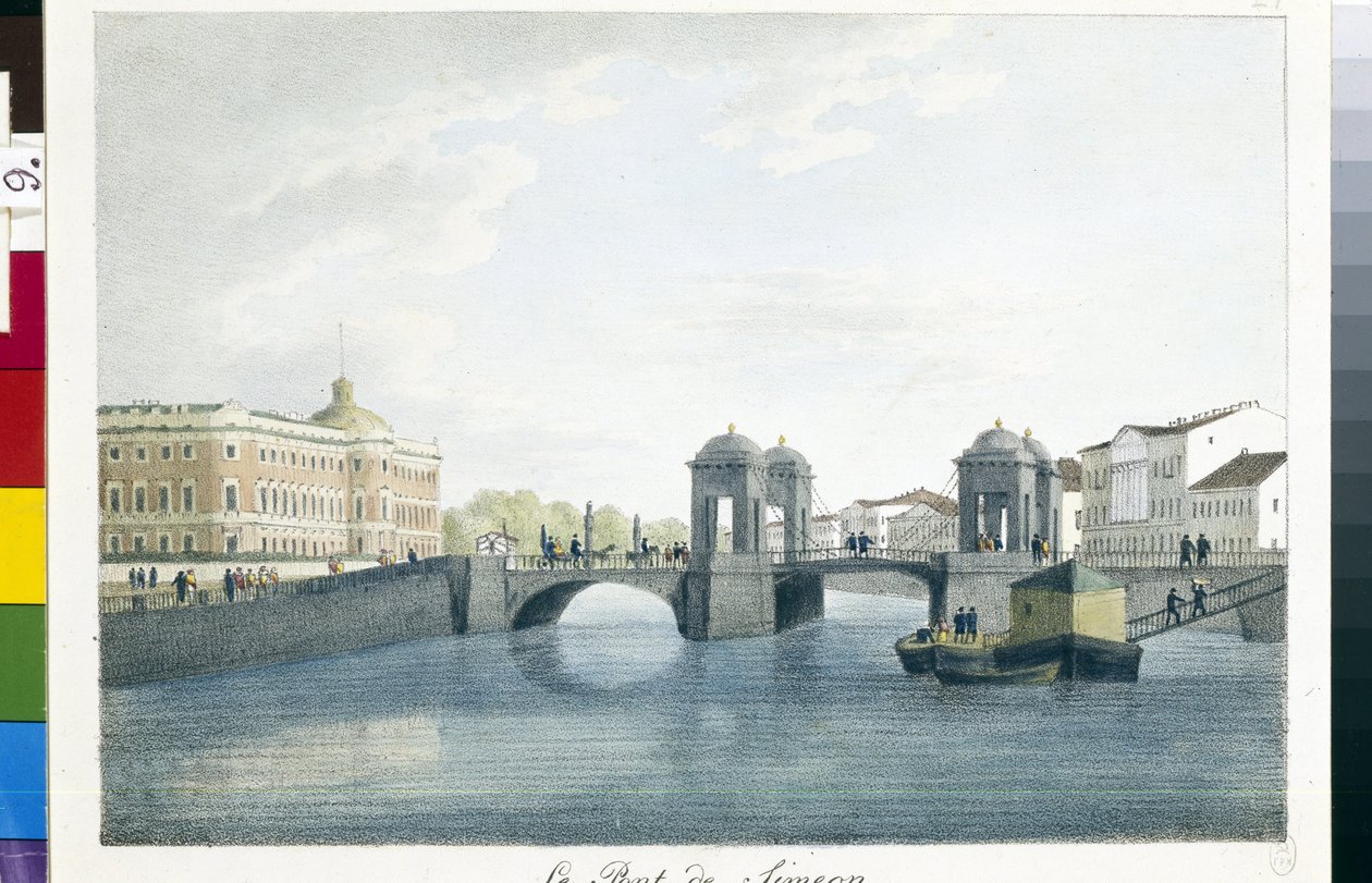 Utsikt över Simeonbron i Sankt Petersburg. (Simeonbron i Sankt Petersburg). Litografi och akvarell av Andrei Yefimovich Martynov (1768-1826) av Andrei Yefimovich Martynov