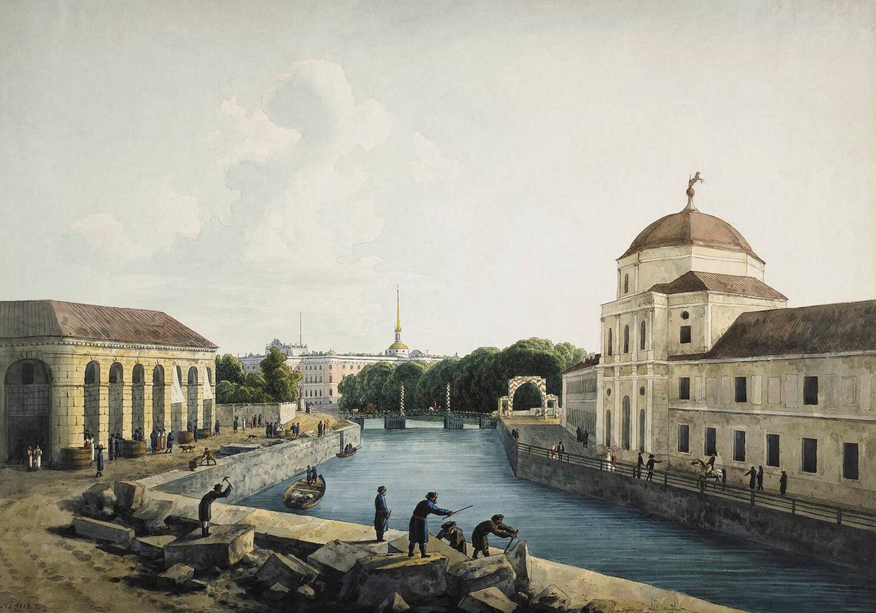 Utsikt över Moikafloden vid det kejserliga stallet, St Petersburg, Ryssland, 1809. av Andrej Martynoff
