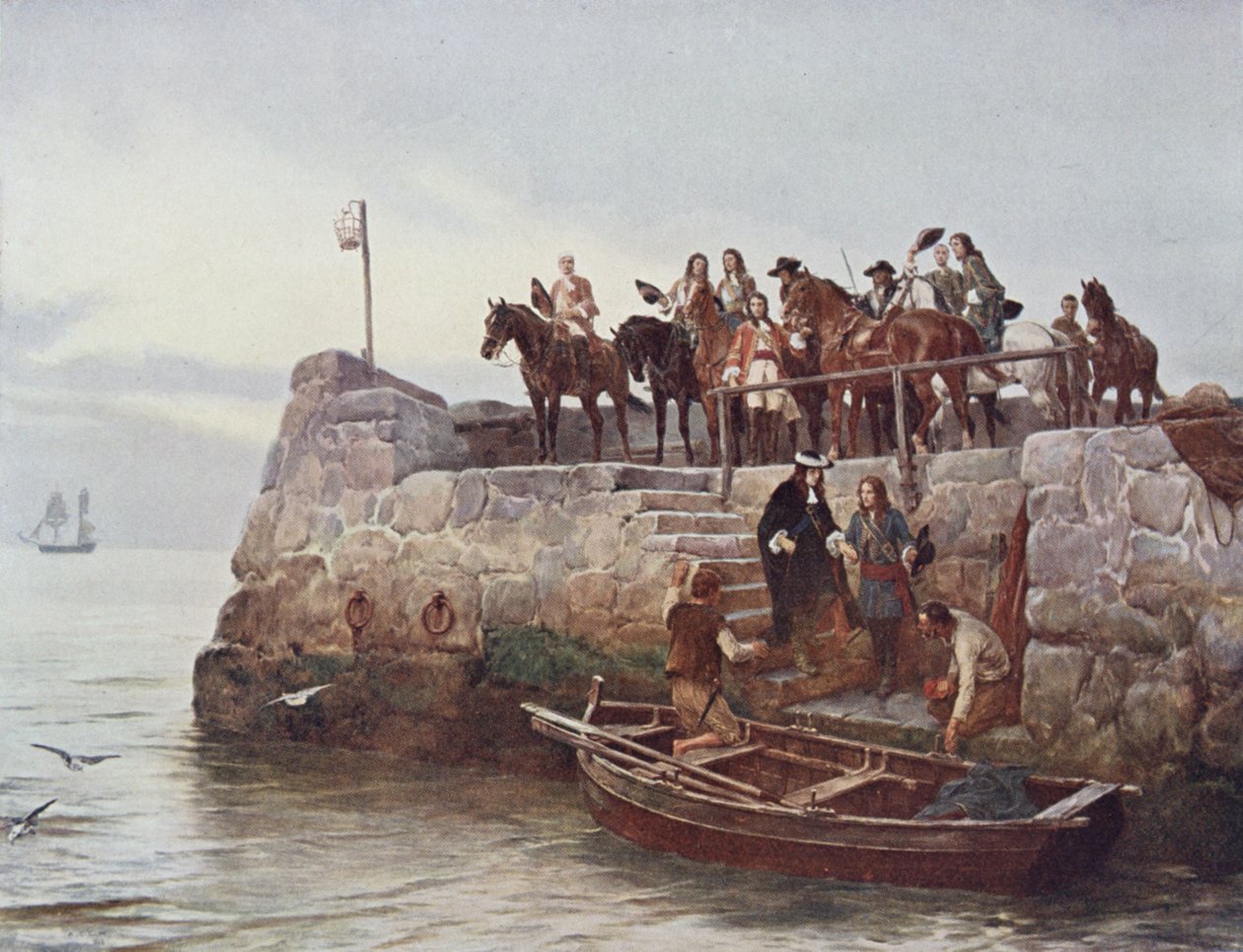 En förlorad sak! The Flight of James II (1633-1701) efter slaget vid Boyne 1690, illustration från "British Battles on Land and Sea" redigerad av Sir Evelyn Wood (1838-1919) 1915 av Andrew Carrick Gow