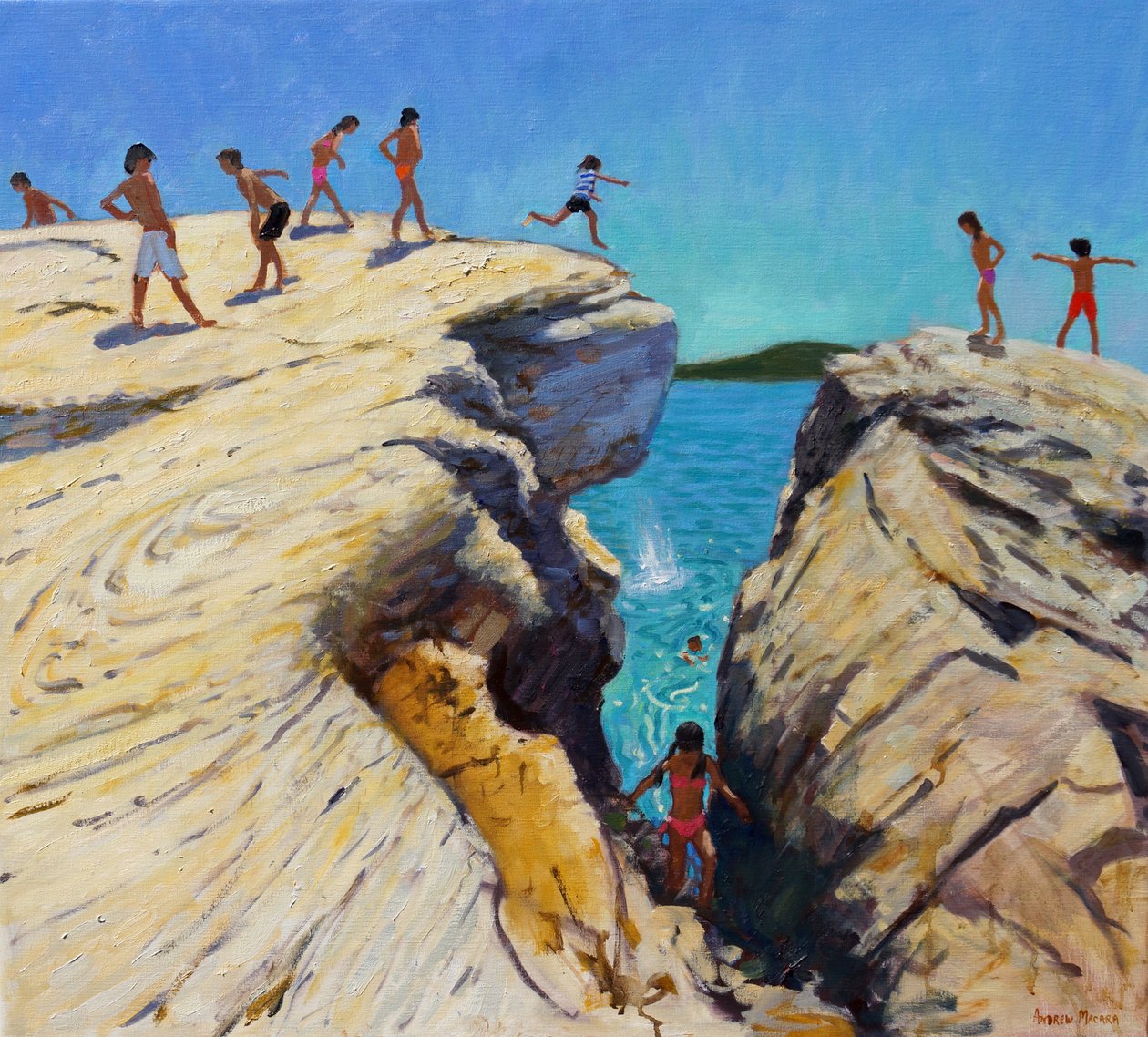 Hoppa från klipporna, Plattor, Skiathos, 2015, av Andrew Macara
