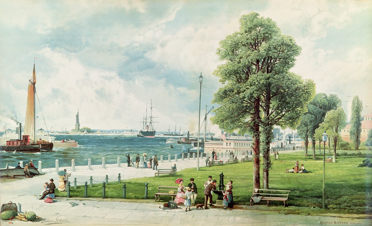 Castle Garden (vy över Battery Park från South Ferry till Castle Garden) c.1886 (präglad litografi) av Andrew Melrose