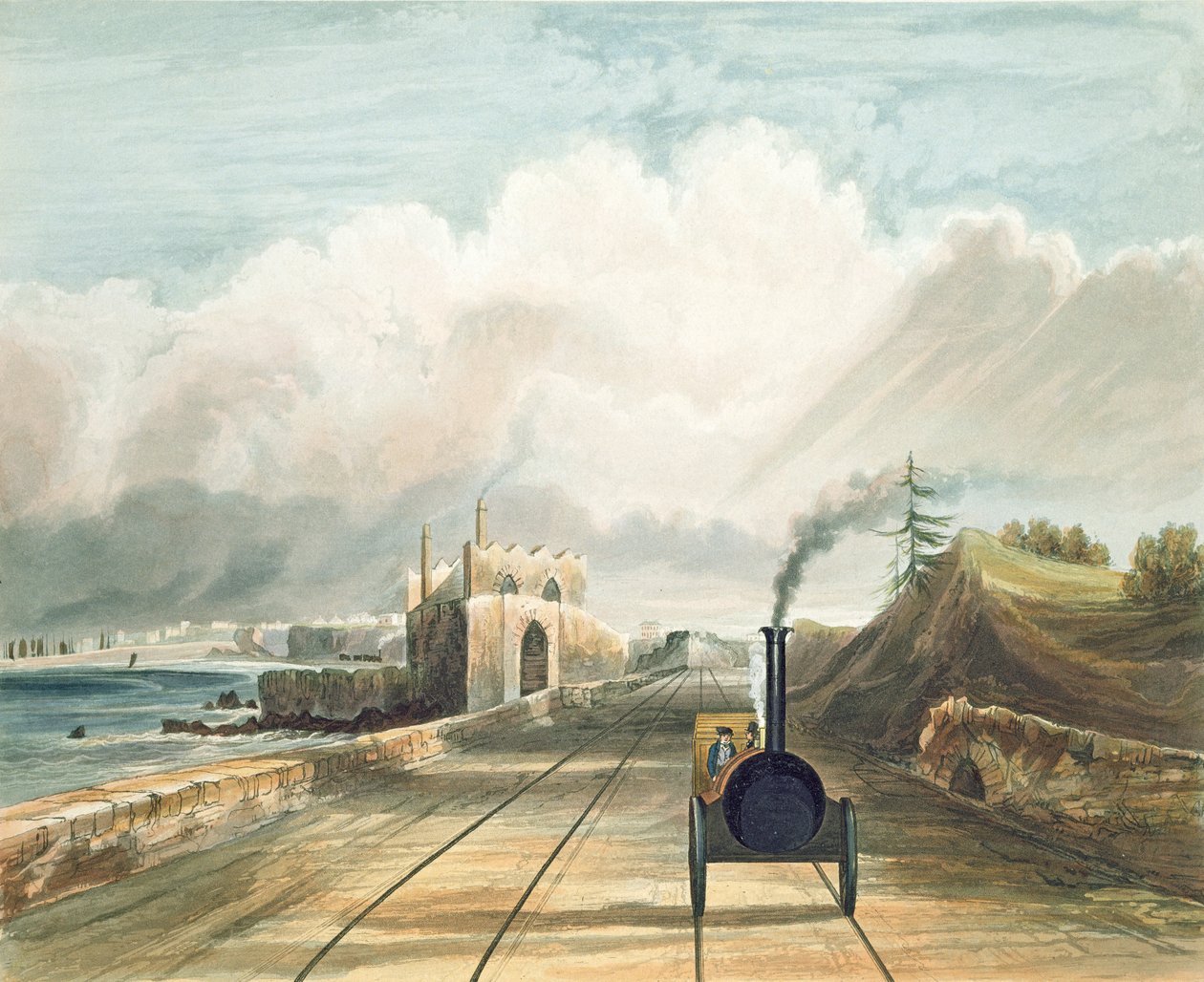 Dublin och Kingstown Railway: Från gångbron vid Sea Point Hotel, med utsikt mot Salt Hill, Kingstowns hamn i fjärran, graverad av J. Harris, 1834 av Andrew Nicholl