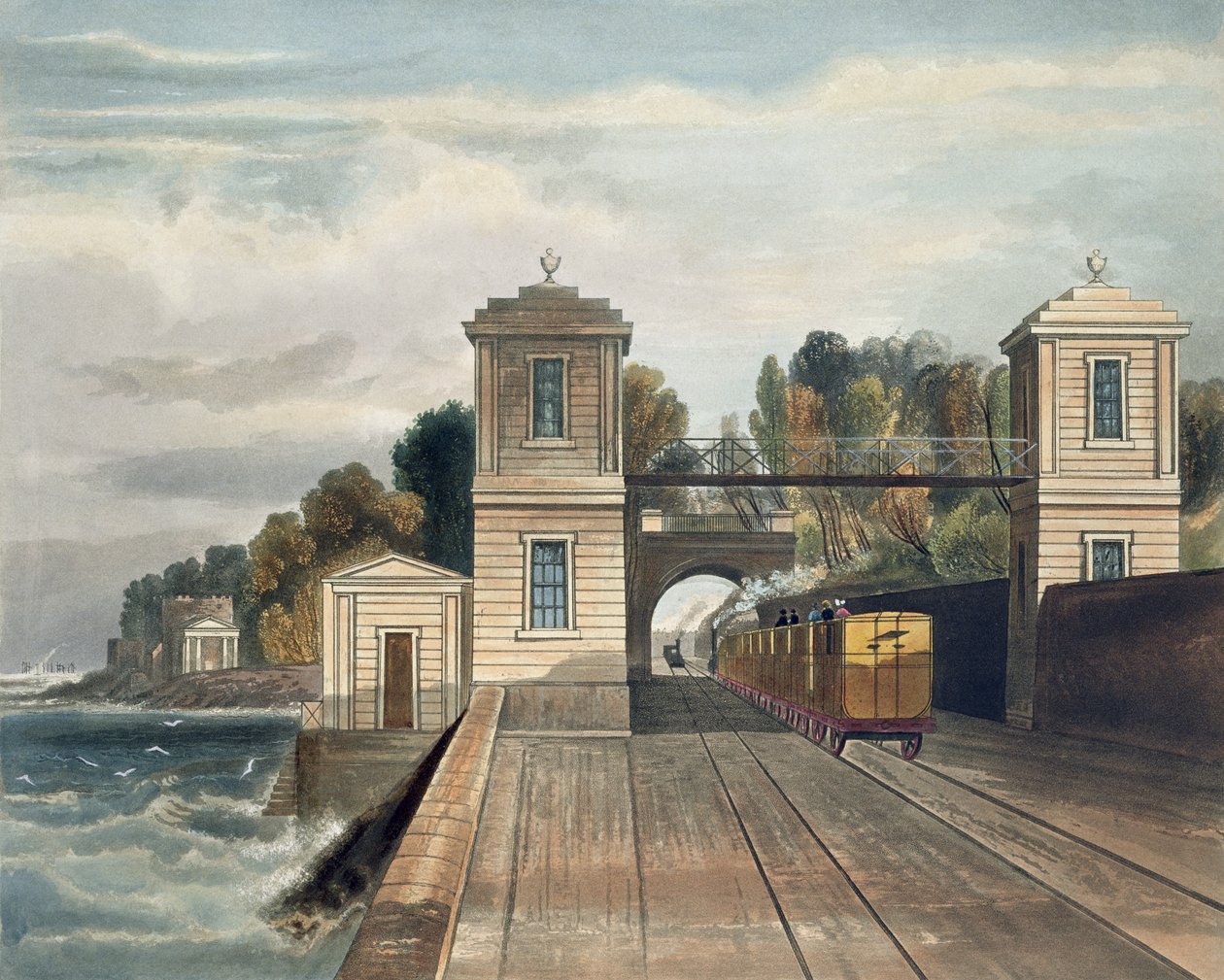 Dublin och Kingstown Railway: Granitpaviljonger och tunnelingång vid Lord Cloncurry Demesne i Maritimo nära Blackrock, Kingstowns hamn i fjärran, graverad av S.G. Hughes, 1834 av Andrew Nicholl