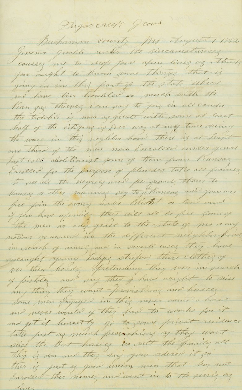 Letter signed Andrew Brownlow, Buchanan County, Mo., to Governor Gamble [Hamilton R. Gamble], August 1, 1862 av Andrew Brownlow