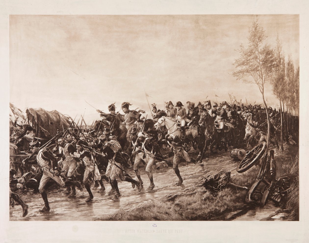 Efter Waterloo: Var och en för sig själv, 1890 (sepia fotogravyr) av Andrew Carrick Gow