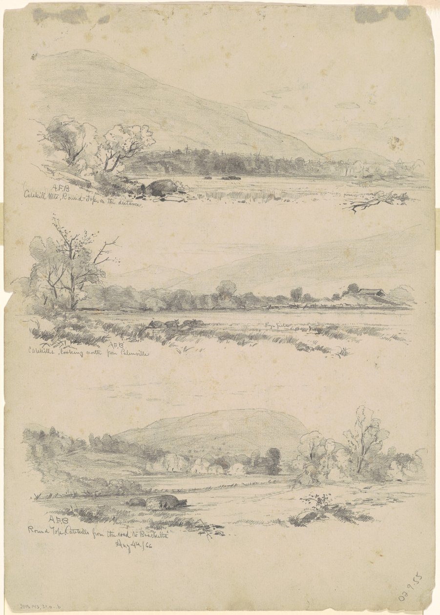 Catskill Mountains, Round-Top i fjärran; Catskills ser norrut från Palenville; och Round Top, Catskills, från vägen till Bracketts [verso] av Andrew Fisher Bunner