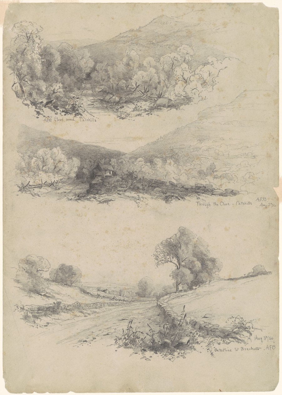 Kryddnejlika Road, Catskills; Genom kryddnejlikan—Catskills; och On the Road to Bracketts [recto] av Andrew Fisher Bunner