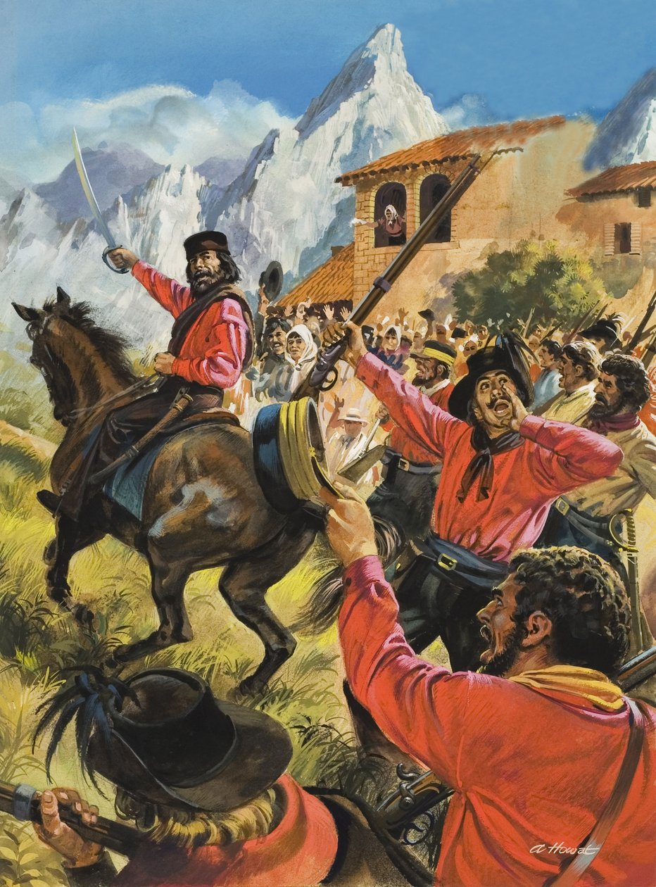 Guiseppe Garibaldi (1807-82) och hans armé i strid med de neopolitanska kungliga trupperna (gouache på papper) av Andrew Howat