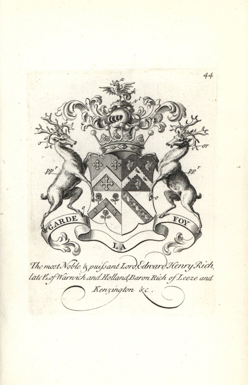 Vapensköld och vapen av Lord Edward Henry Rich, 7:e greven av Warwick och Holland, baron RIch av Leeze och Kensington av Andrew Johnston
