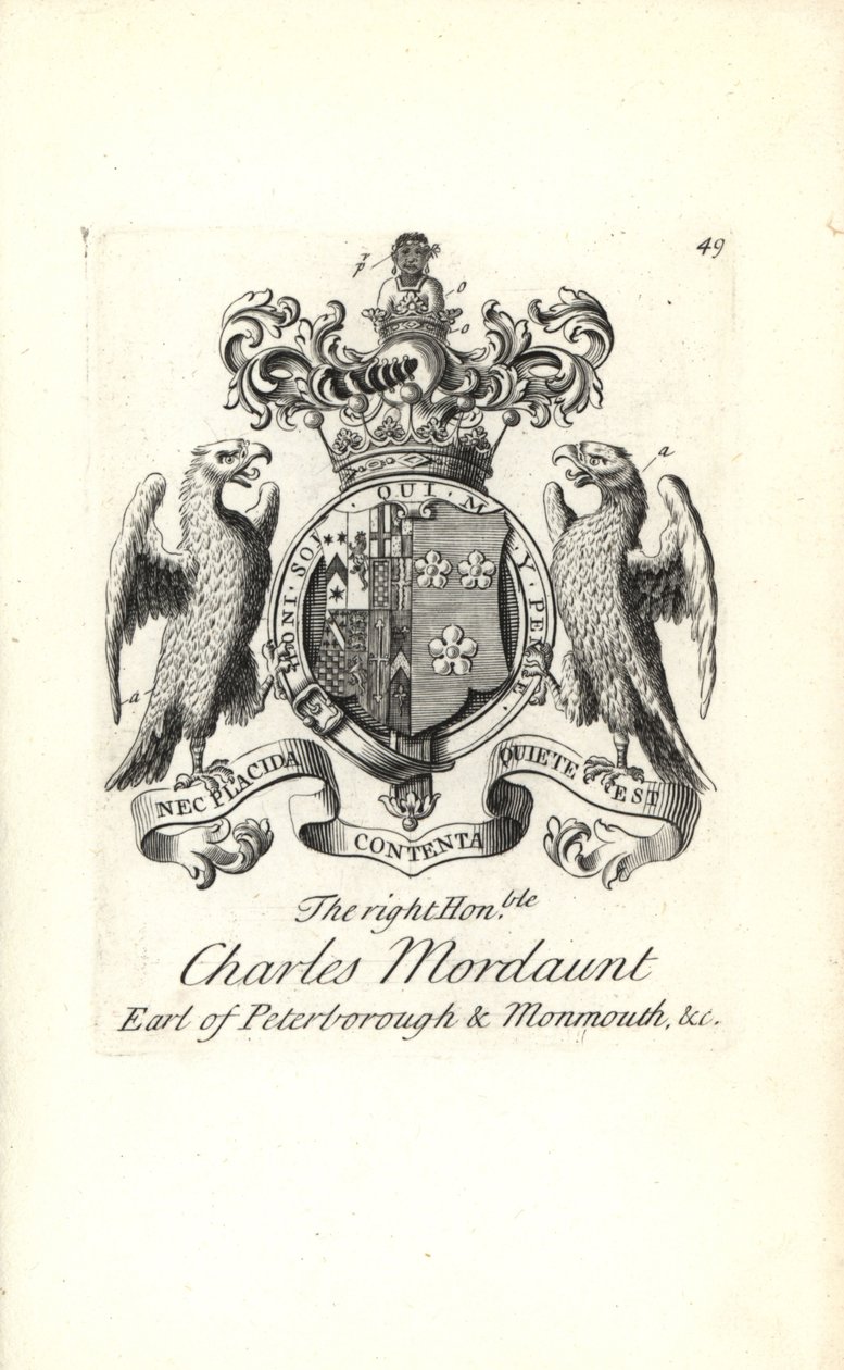 Vapensköld och vapen av höger ärade Charles Mordaunt, 3:e jarl av Peterborough och 1:e jarl av Monmouth av Andrew Johnston