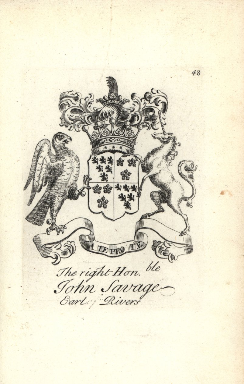 Vapensköld och vapen av höger ärade John Savage, 5th Earl of Rivers av Andrew Johnston
