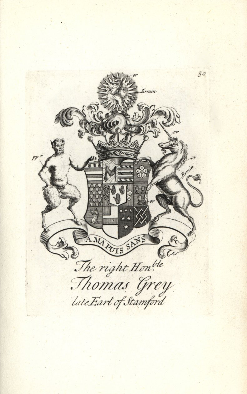 Vapensköld och vapen av höger ärade Thomas Grey, 2:a Earl of Stamford av Andrew Johnston