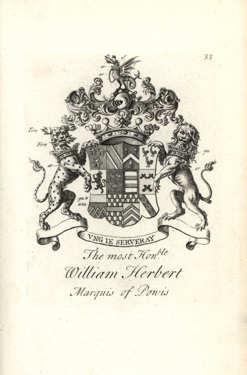Vapensköld och vapen av den höge ärade William Herbert, 2:a markisen av Powis av Andrew Johnston