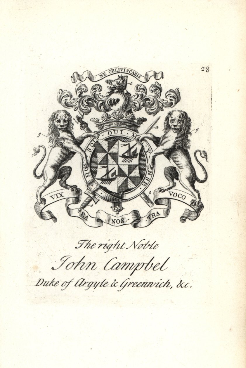 Vapensköld och vapen av den högra adelsmannen John Campbell, 2:a hertigen av Argyll och Greenwich, av Andrew Johnston