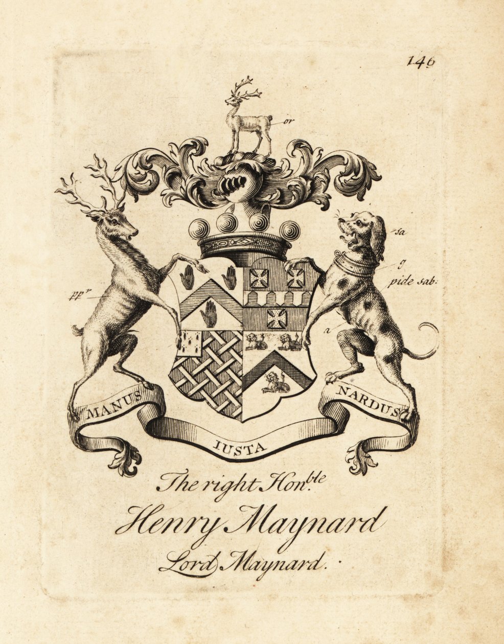 Högerns vapensköld, ärade Henry Maynard, Lord Maynard, 4:e baron Maynard, död 1742 av Andrew Johnston