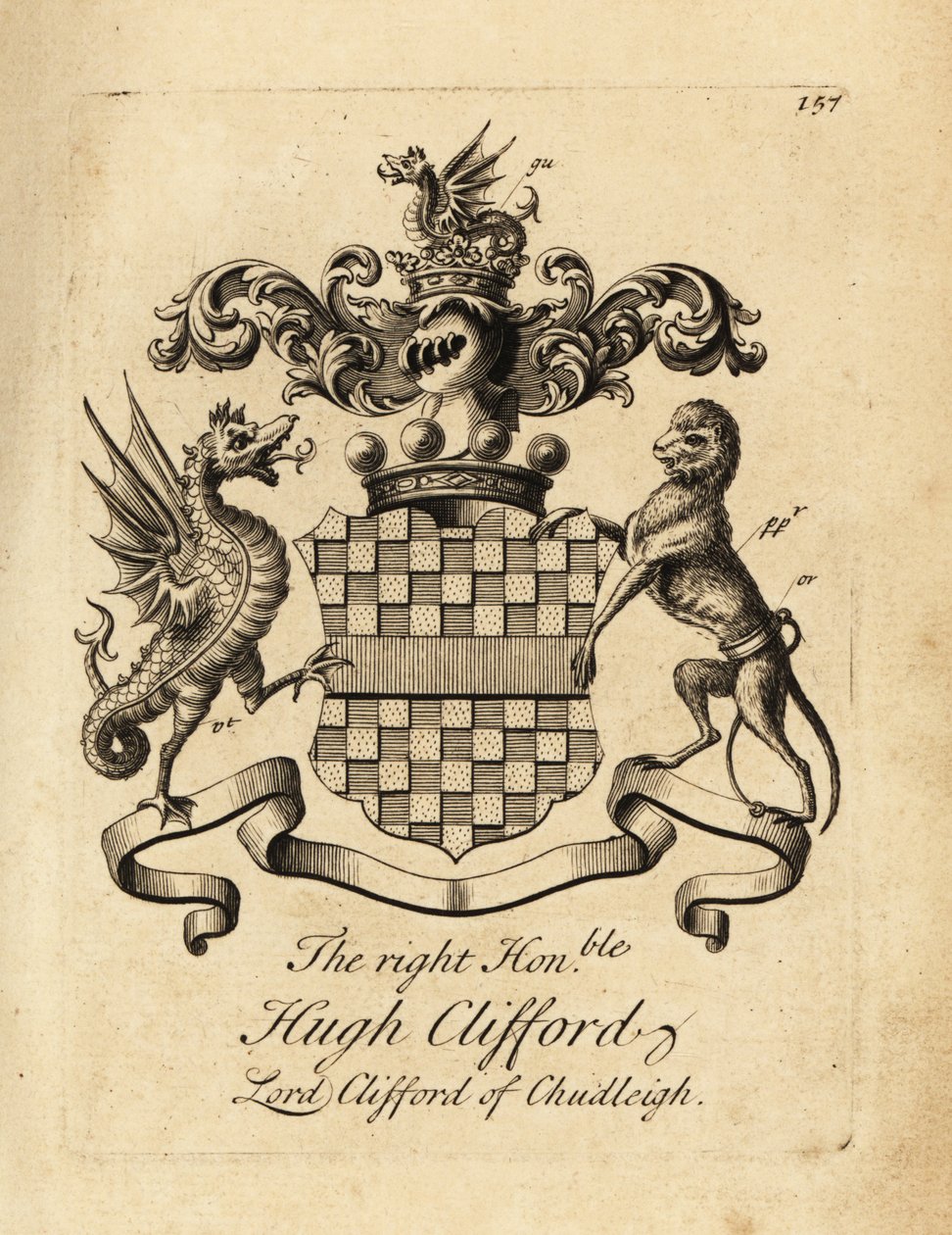 Vapensköld av högern Hugh Clifford, Lord Clifford av Chudleigh, 2:a baron Clifford av Chudleigh (1663–1730) av Andrew Johnston