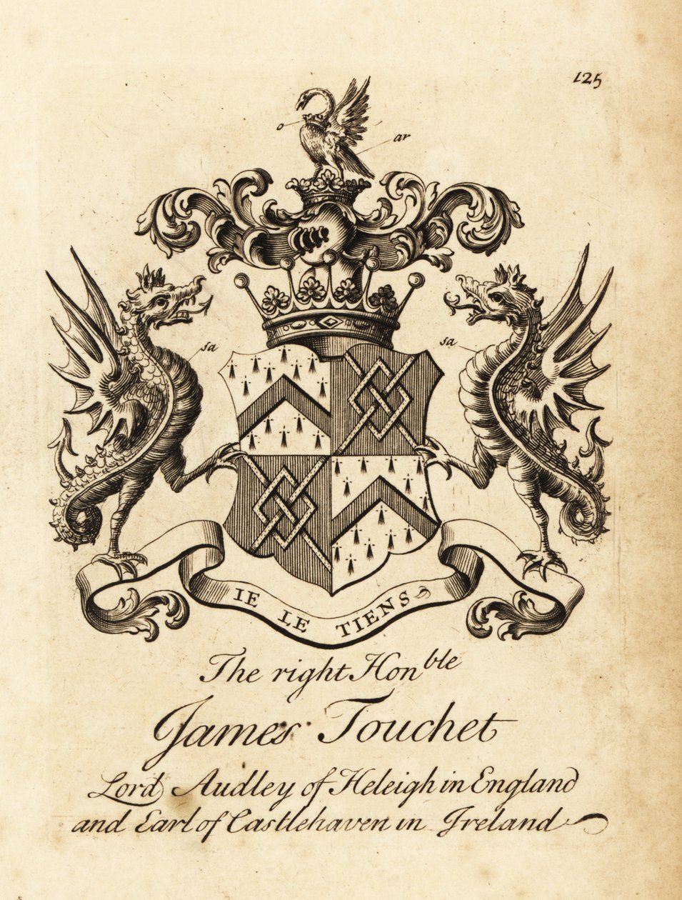 Vapensköld av högern James Touchet, Lord Audley av Heleigh i England, 6:e earlen av Castlehaven i Irland, död 1740 av Andrew Johnston
