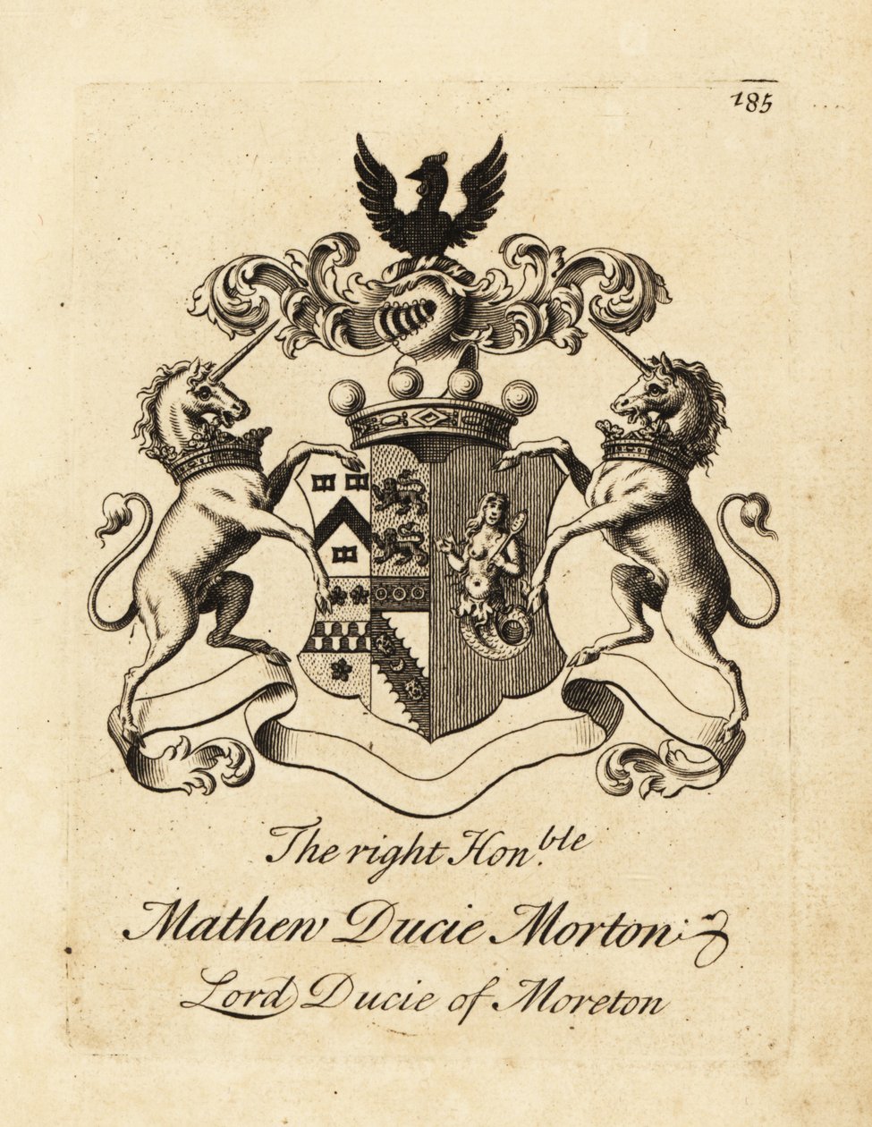 Vapensköld av den högra ärade Mathew Ducie Morton, Lord Ducie of Moreton av Andrew Johnston