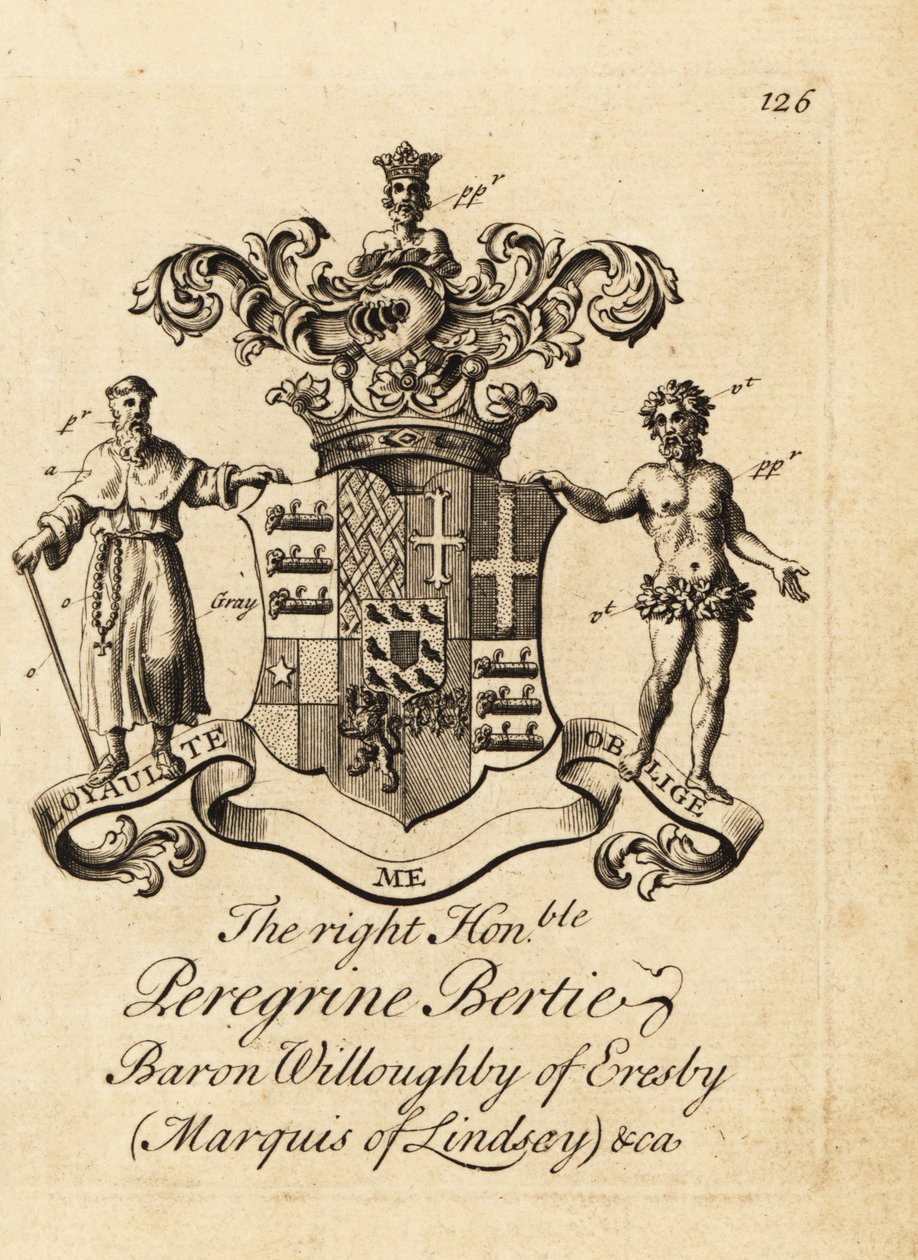 Vapensköld av högern ärade Peregrine Bertie, baron Willoughby av Eresby, markis av Lindsay, 2:a hertigen av Ancaster och Kesteven av Andrew Johnston
