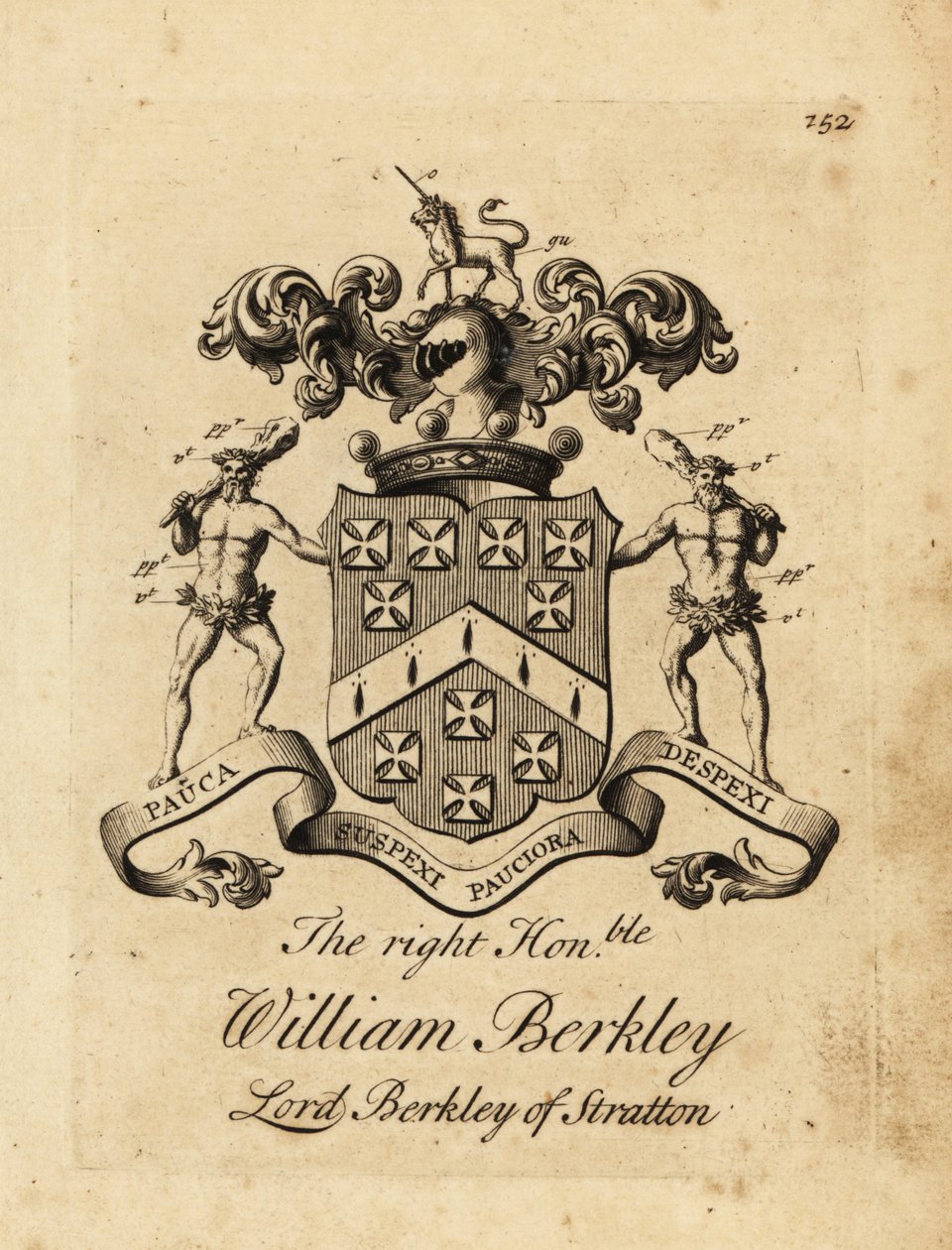 Vapensköld av högern ärade William Berkley, Lord Berkley av Stratton, 4:e baron Berkeley av Stratton, död 1741 av Andrew Johnston
