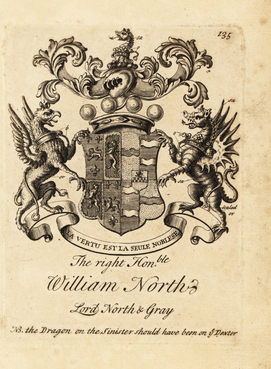 Vapensköld av den högra ärade William North, Lord North & Gray, 6th Baron North, 2nd Baron Gray av Andrew Johnston