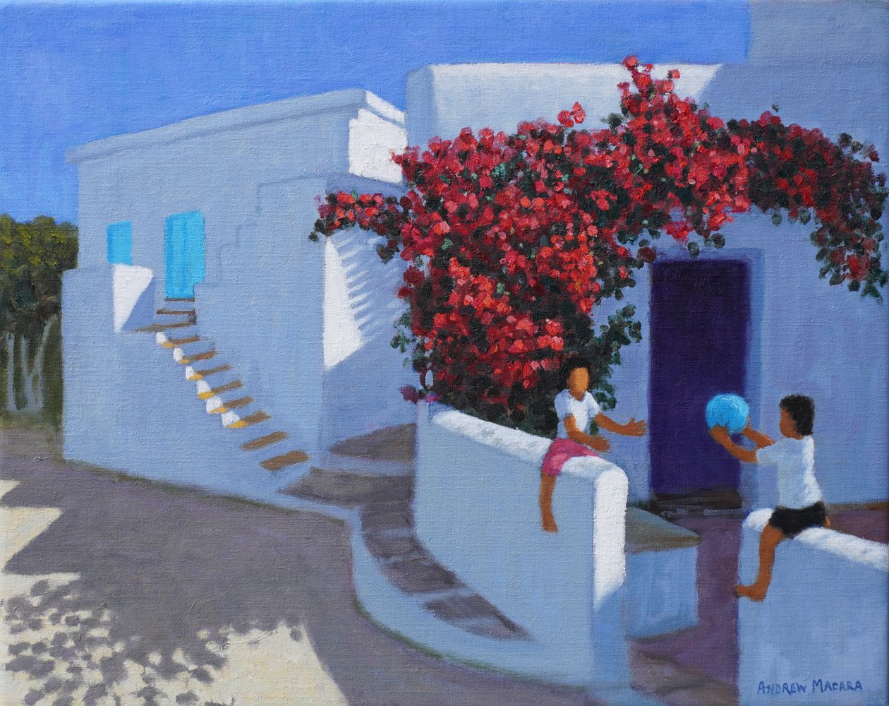 Bollspel, Samos, Grekland, 2022 (olja på duk) av Andrew Macara