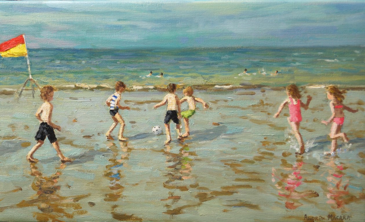 Strandfotboll, Sheringham, 2018 (olja på duk) av Andrew Macara