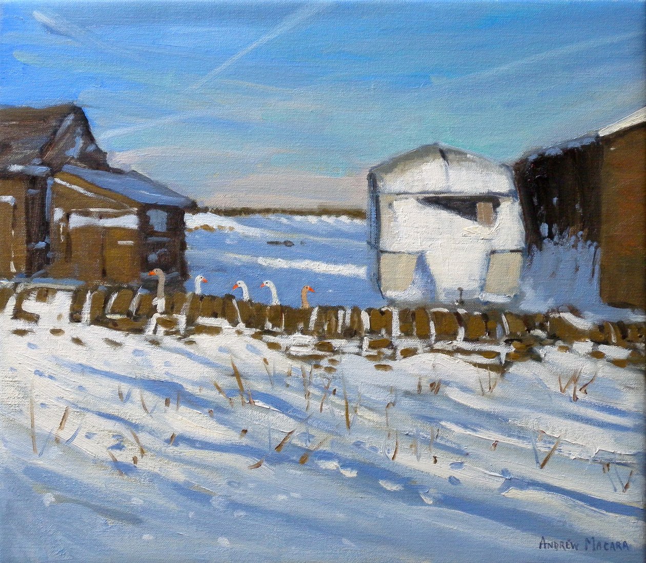 Caravan and Geese, Derbyshire, 2011 (olja på duk) av Andrew Macara