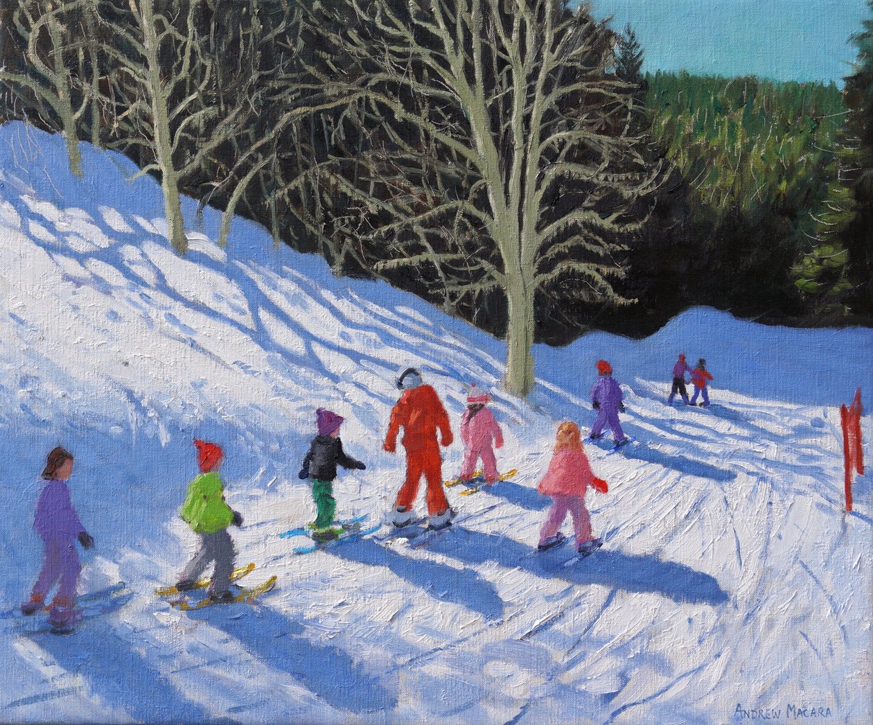 Skidlektion för barn, Courchevel till La Tania ,20"x24", 2019 (olja på duk). av Andrew Macara