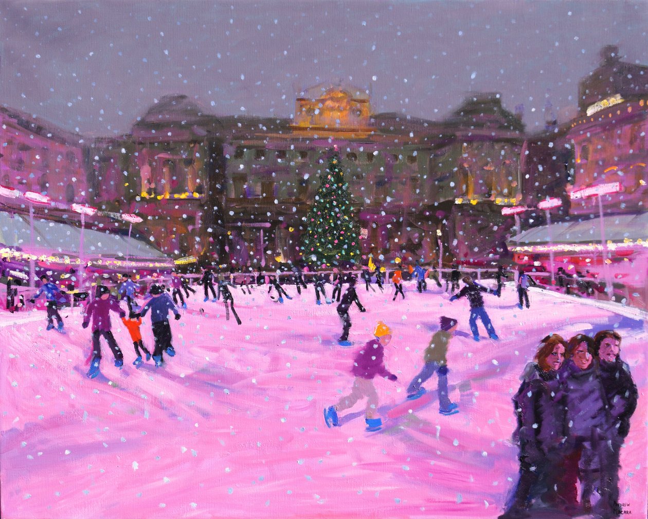 Julskridskoåkning, Somerset House med rosa ljus, 2014 (olja på duk) (uppdaterad bild) av Andrew Macara