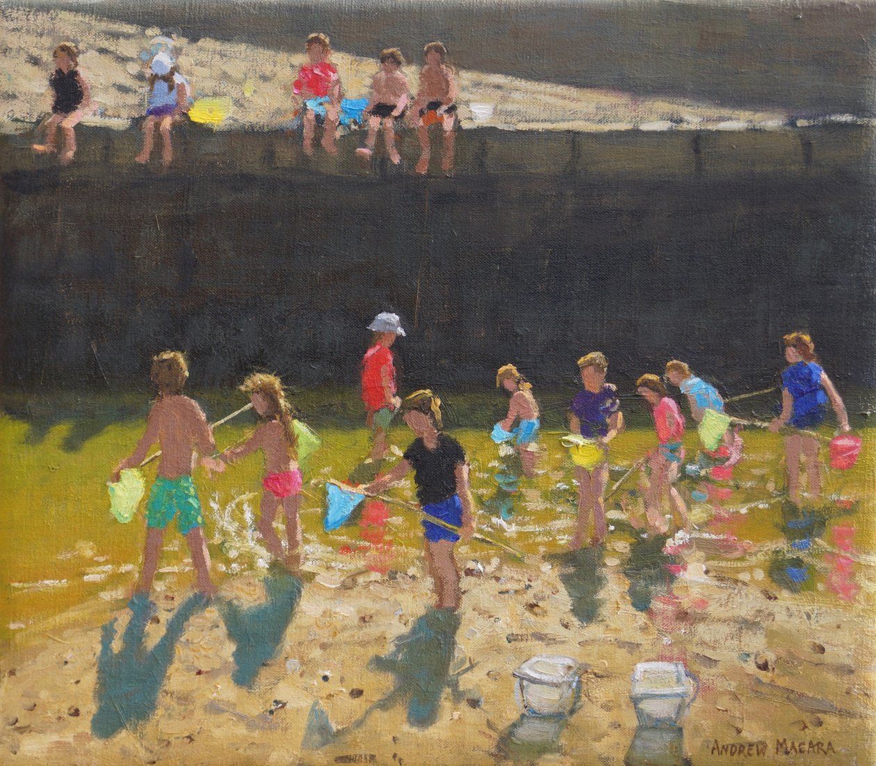 Crabbing in the Harbour, Bude, Cornwall, 2018, (olja på duk) av Andrew Macara