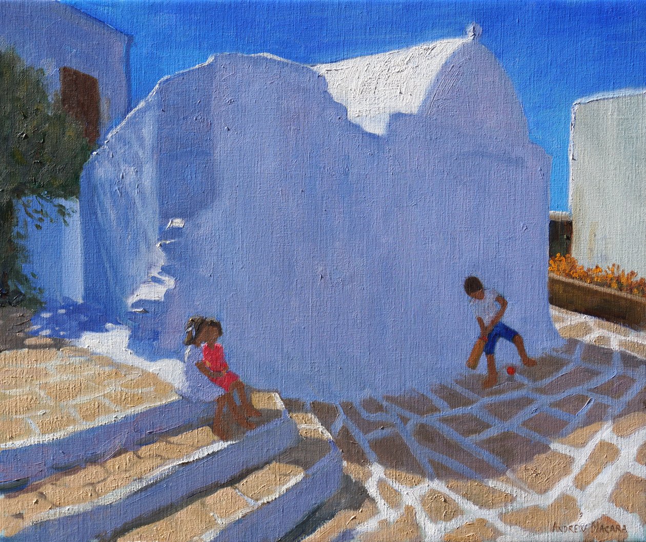 Cricket vid kyrkväggen, Mykonos (olja på duk) av Andrew Macara