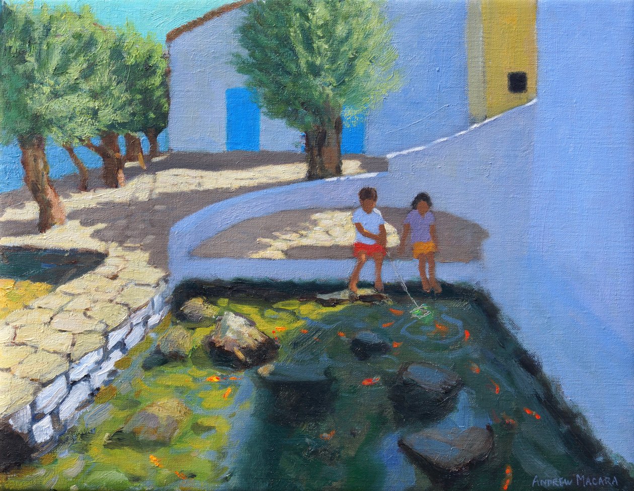 Fiskdamm, Milos, Grekland, 2017, (olja på duk) av Andrew Macara