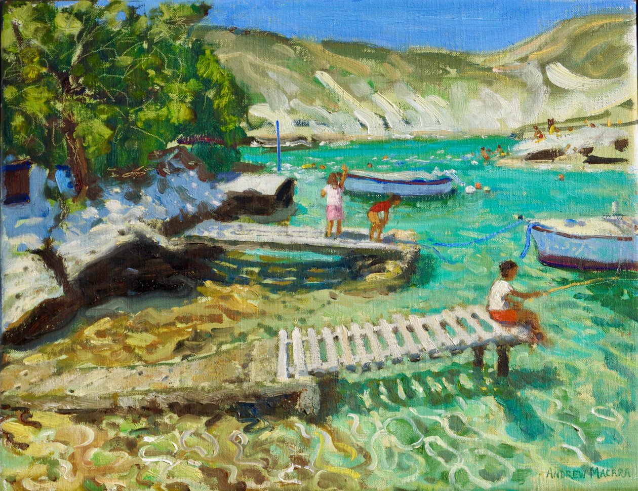 Fiske från bryggan, Milos, Grekland, 2018-2019 (olja på duk) av Andrew Macara
