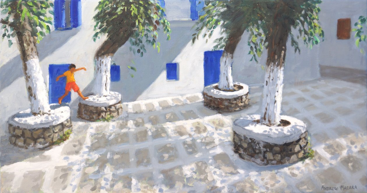 Fyra träd, Mykonos stad, 2022 (olja på duk) av Andrew Macara