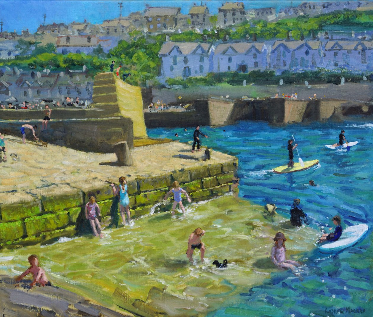 Kul i hamnen, Porthleven, Cornwall, 2021 (olja på duk) av Andrew Macara