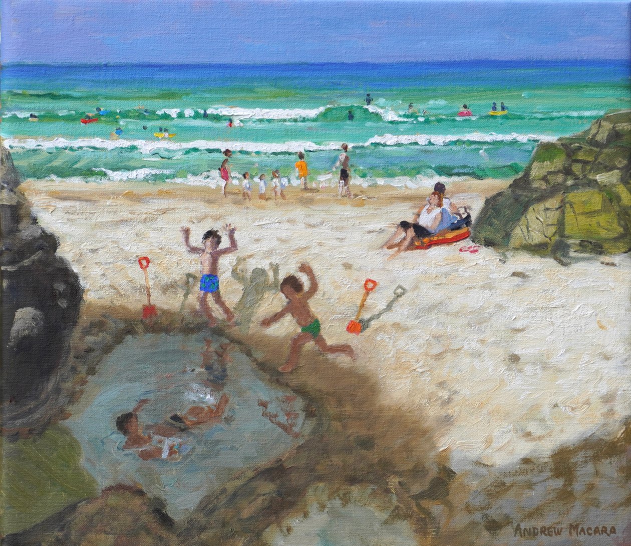 Fun in the sea pool, St Ives, 2024 (olja på duk) av Andrew Macara
