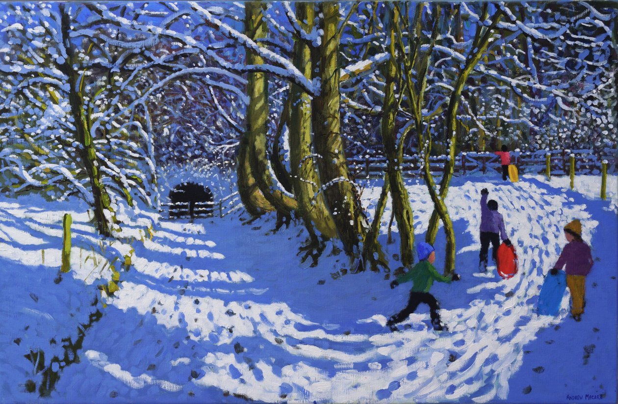 Åka pulka, Calke Abbey, 2021 (olja på duk) av Andrew Macara